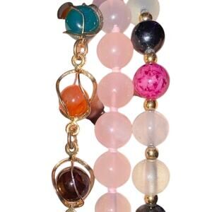 Vintage Gold Tone Wire Wrapped Natural Multi Gemstone Necklaces Rose Amethyst